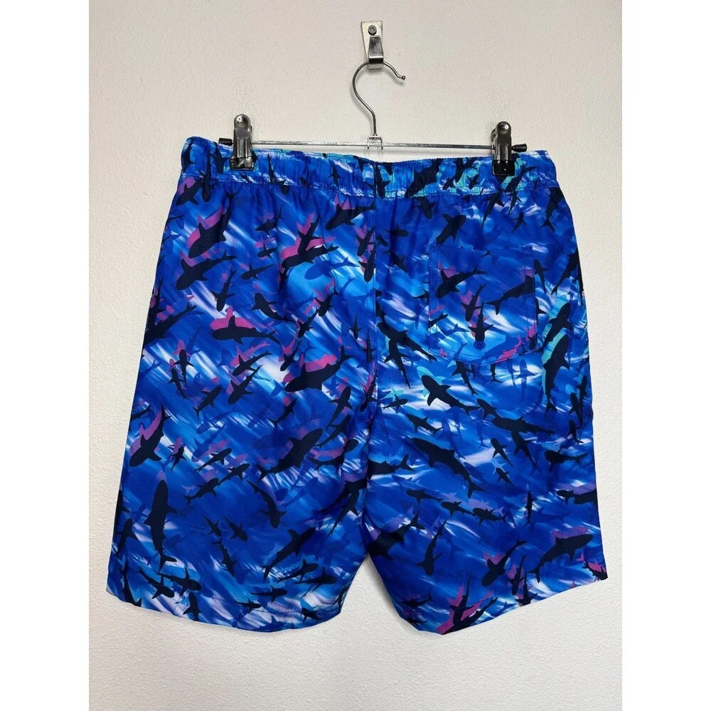 Lands' End Boys Large Cool Sharks Swim Trunks Drawstring Pocket Mesh Lined NWT